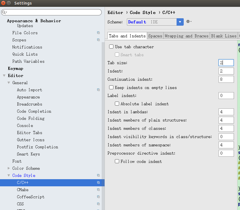 CLion 设置Tab、Indent  size