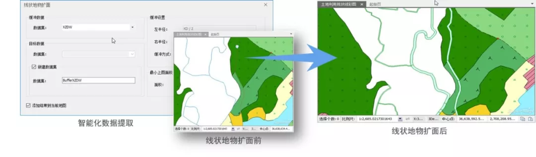 我们通过开发的智能化工具实现线状地物的图斑化处理.