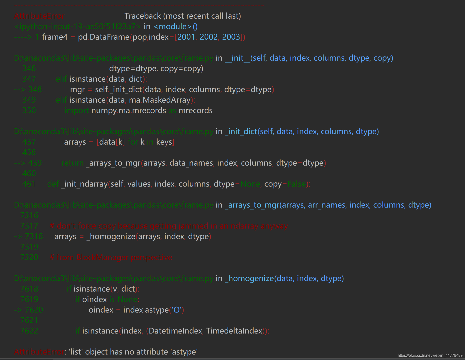 Attribute error object has no attribute. 'Dataframe' object has no attribute 'IX'. ATTRIBUTEERROR: 'list' object has no attribute 'list'. Синтаксис для создания объекта Pandas dataframe. List to ndarray.