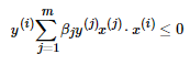 y^{(i)} \sum_{j=1}^{m} \beta  _{j} y{(j)}x{(j)}·x^{(i)} \leq 0 http://latex.91maths.com/