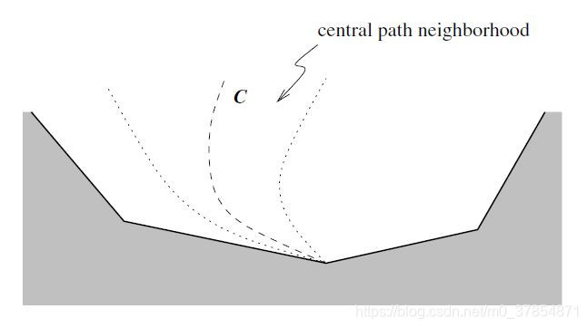 Central path, projected into space of primal variables x, showing a typical neighborhood N