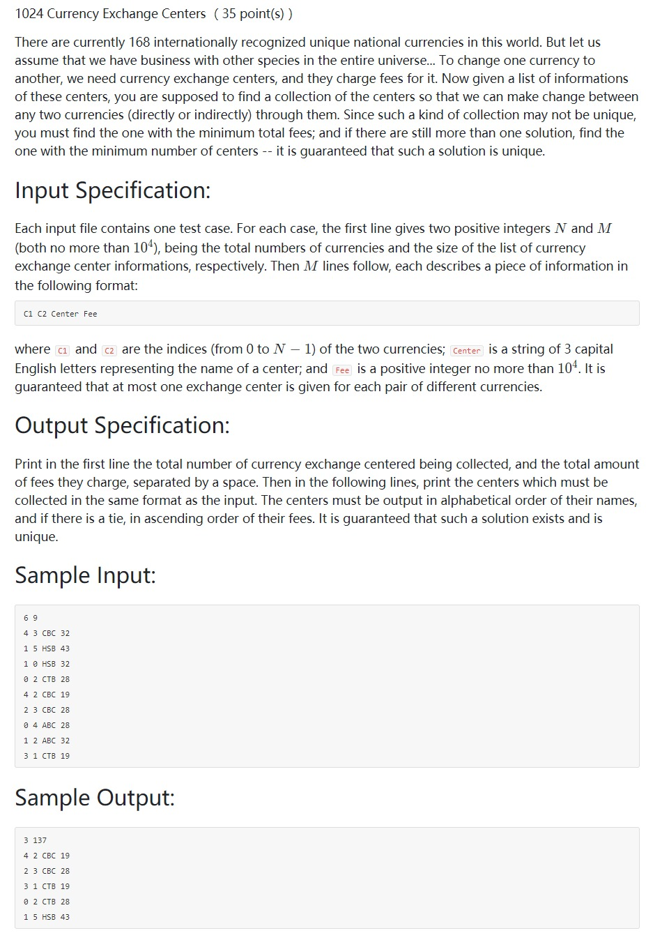 pat顶级1024 Currency Exchange Centers (35 point(s))题目描述
