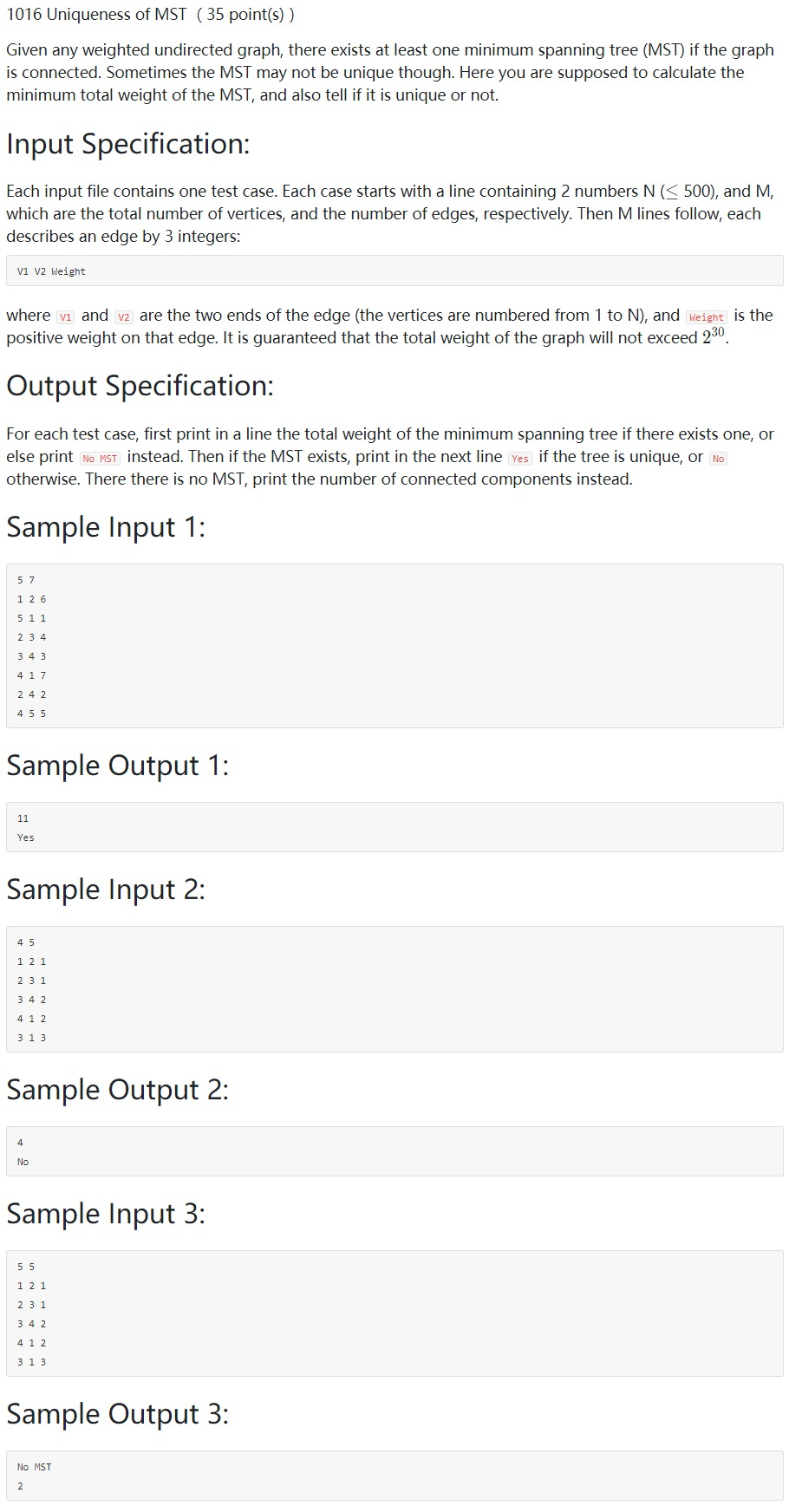 pat顶级1016 uniqueness of mst (35 point(s))题目描述