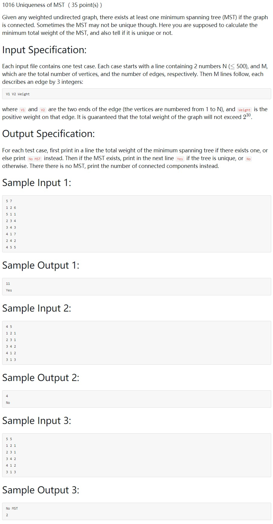 pat顶级1016 uniqueness of mst （35 point(s)）题目描述