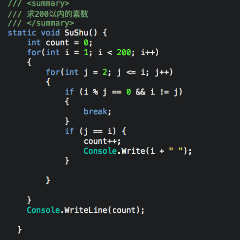 int count=0;for(int i=1;i<200;i++){for(int j=2;j<=i;j++){if(i%j==0&&i!=j){break;}if(j==i){count++;Console.WriteLine(i);}}}Console.WriteLine(count);