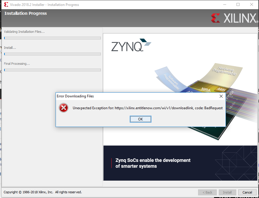 Unexpected exception code Badrequest when downloading Xilinx 2018.