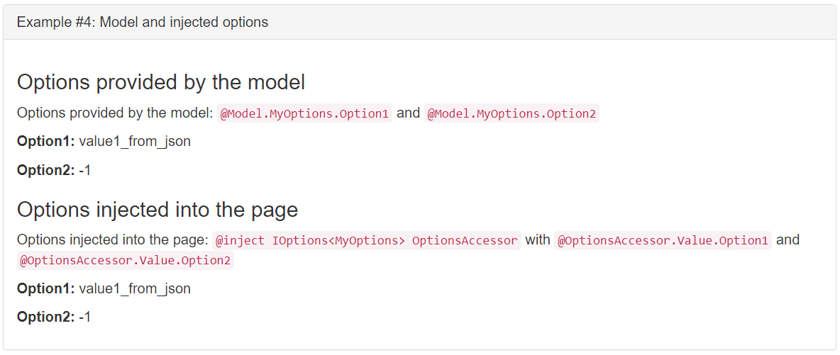 選項值 Option1：value1_from_json 和 Option2：-1 從模型中載入並注入檢視。
