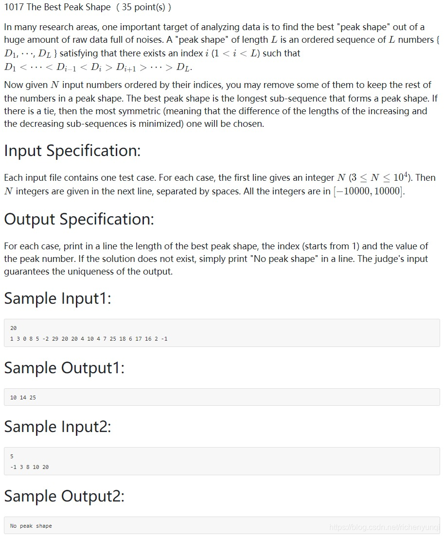 pat顶级1017 The Best Peak Shape (35 point(s))题目描述