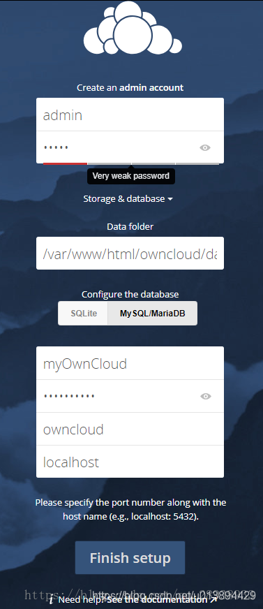 登录owncloud,创建管理员用户