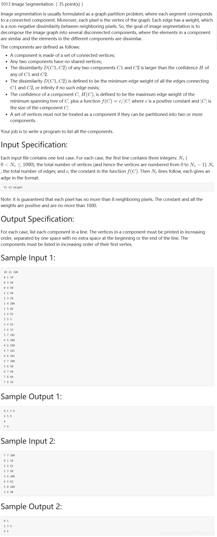 pat顶级1013 Image Segmentation （35 point(s)）题目描述