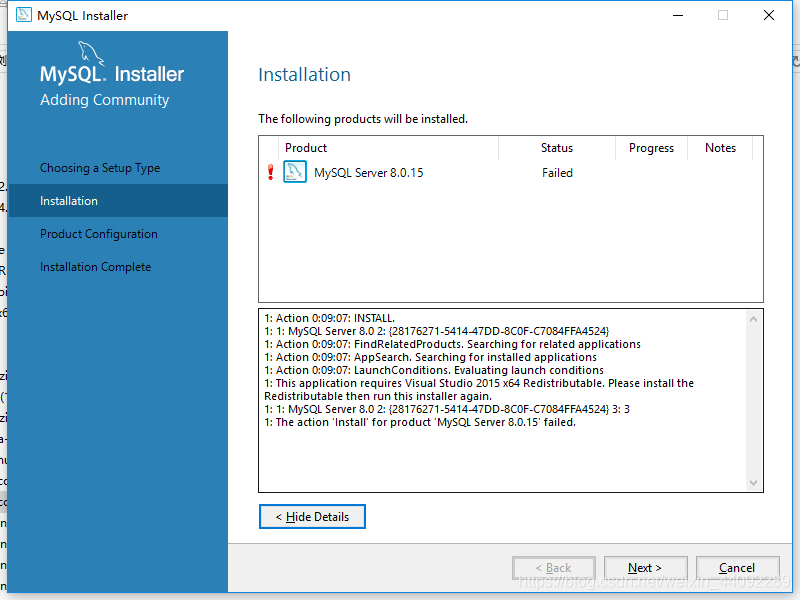 Windows 10安装MySQL8.0.15 失败，提示This application requires Visual Studio 2015 x64 Redistributable.解决办法