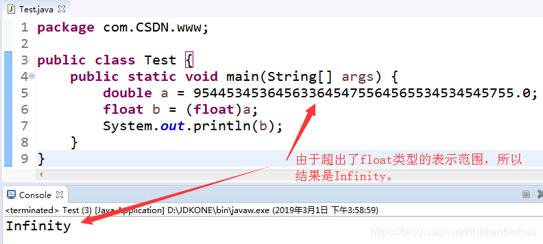 强制转换过程中，超出了float的表示范围，就是Infinity!
