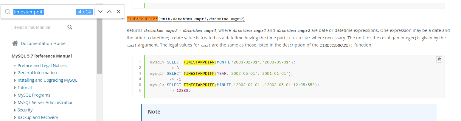 sql：mysql：函数：TIMESTAMPDIFF函数实现TimeStamp字段相减，求得时间差 