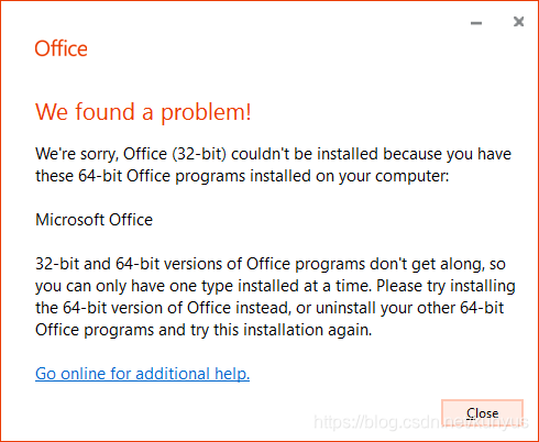 架构错误，x64平台无法安装x32版本Office