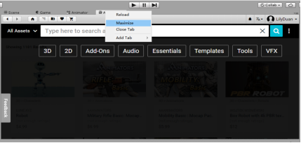 在Asset Store选项卡上右键，选择Maximize