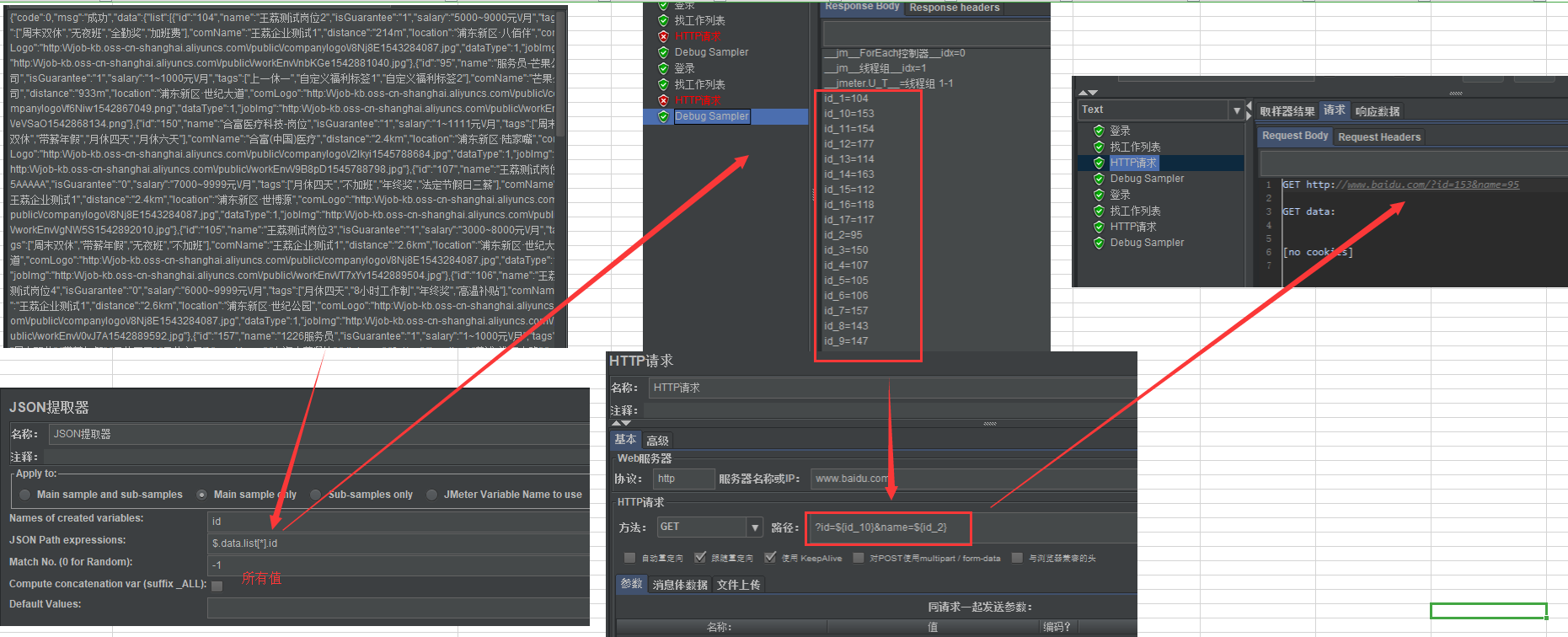 jmeter如何通过后置处理器提取（正则提取器、json提取器）做接口关联？