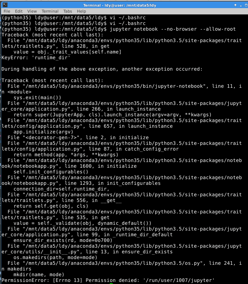 jupyter notebook, KeyError: 'runtime_dir',[Errno 13] Permission denied ...