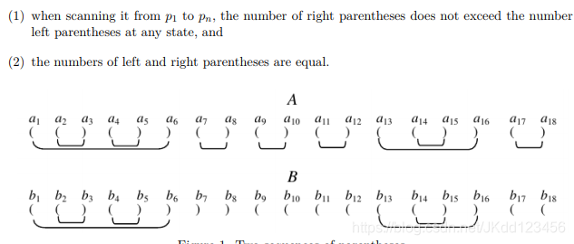(1) when scanning it from p1 to pn, the number of right parentheses does not exceed the number ofleft parentheses at any state, and(2) the numbers of left and right parentheses are equal.