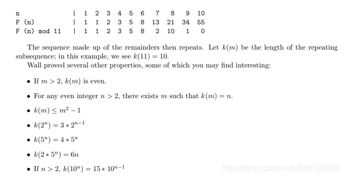 n | 1 2 3 4 5 6 7 8 9 10F (n) | 1 1 2 3 5 8 13 21 34 55F (n) mod 11 | 1 1 2 3 5 8 2 10 1 0The sequence made up of the remainders then repeats. Let k(m) be the length of the repeatingsubsequence; in this example, we see k(11) = 10.Wall proved several other properties, some of which you may find interesting: