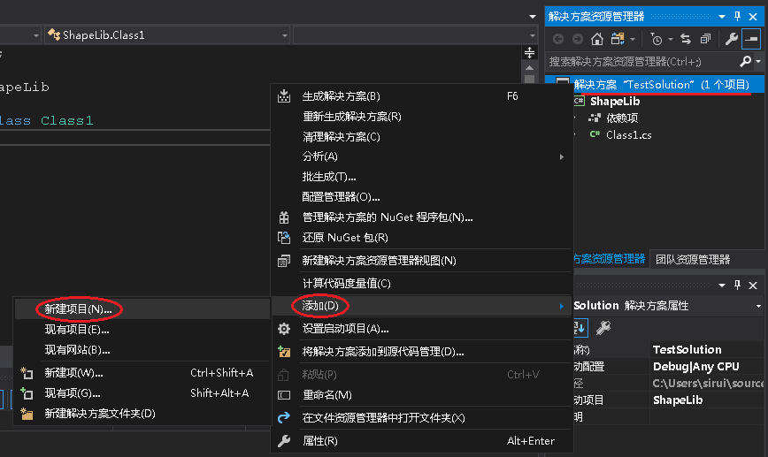 解决方案中的新建项目