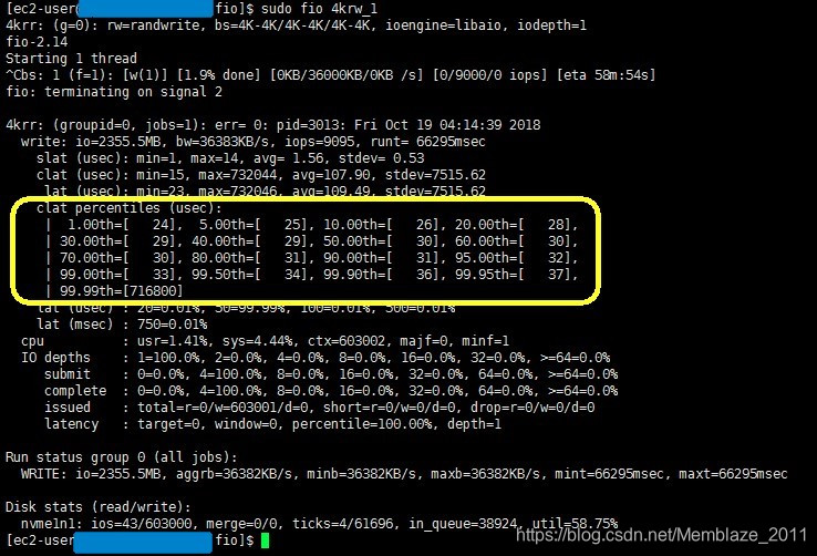 AWS VM的Instance store(nvme1n1)写latency 99.95%都在24-37μs