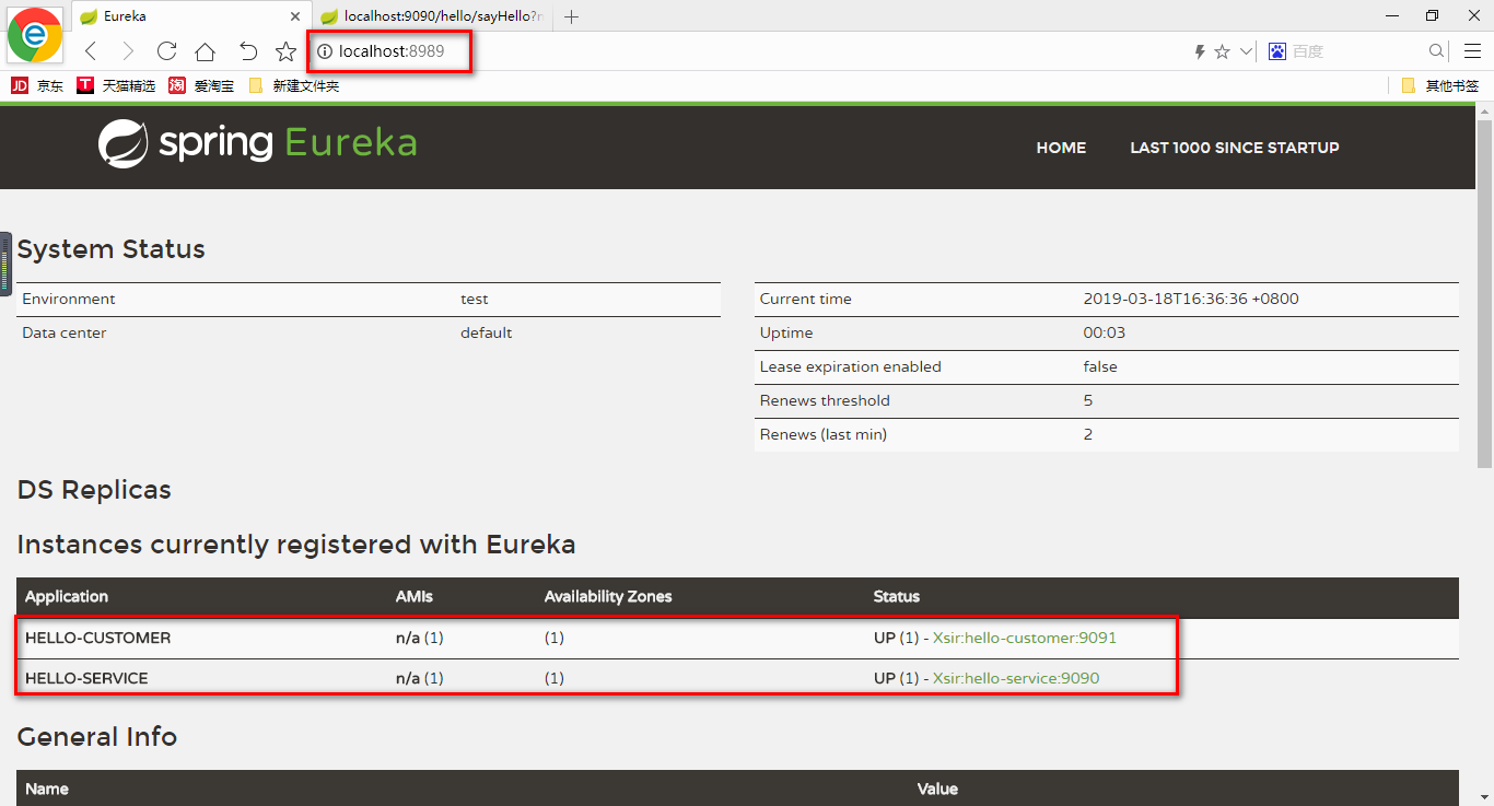 启动两个EurekaClient服务后Eureka注册中心的访问页面