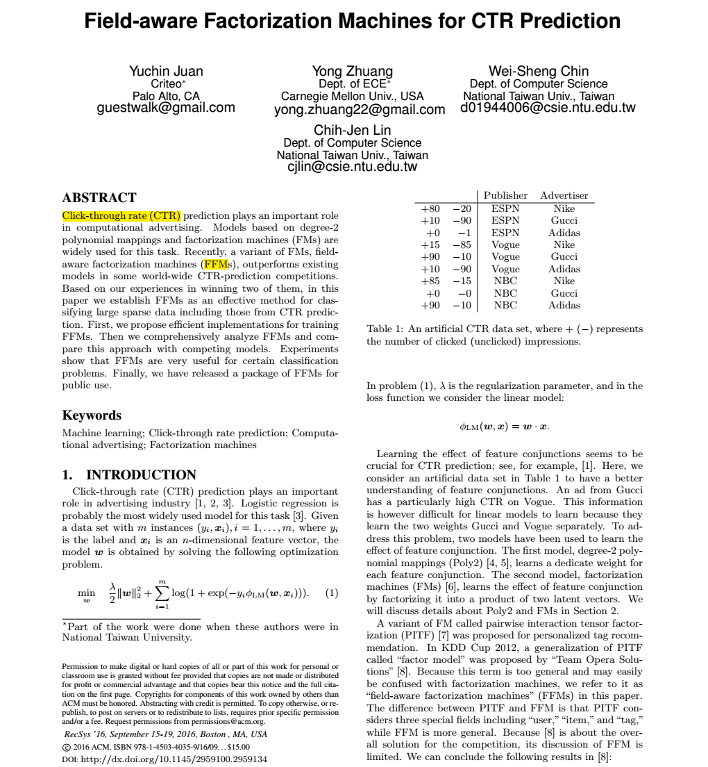 《Field-aware Factorization Machines for CTR Prediction》FFM模型整理及python代码 ...