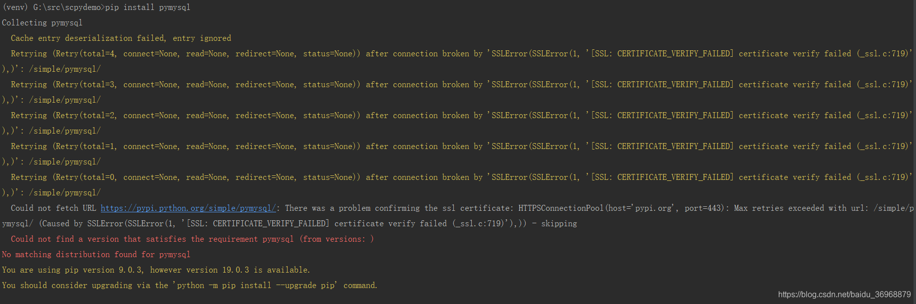 Could not fetch URL https://pypi python org/simple/pymysql/: There was