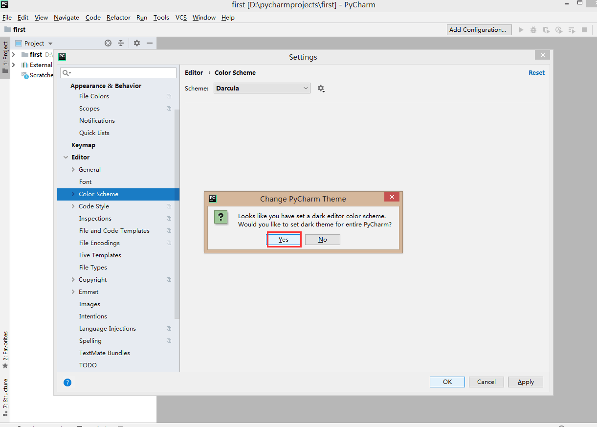 在弹出的 Change PyCharm Theme 框里选 Yes.png