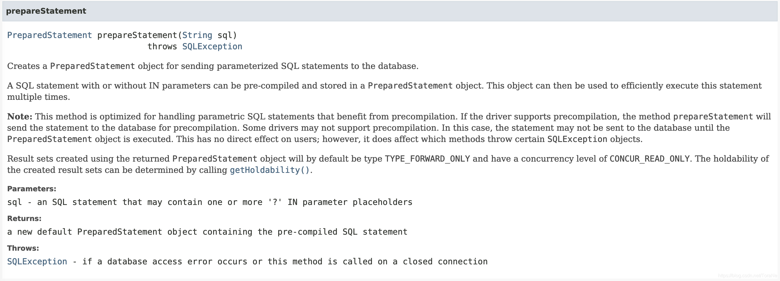 prepareStatement JDBC doc