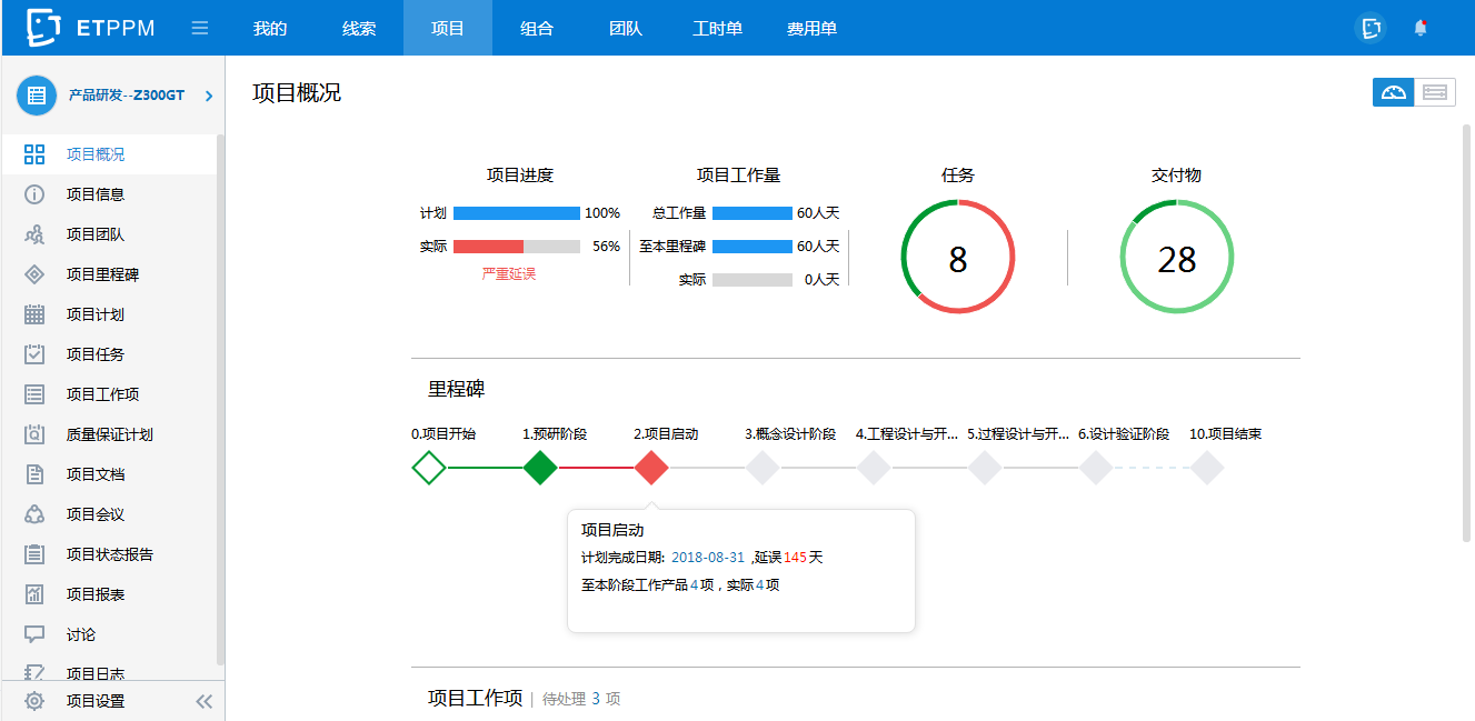 easytrack系统界面，图为项目概况栏目，可查看项目的运行情况，包括项目进度、交付物、工作量、里程碑等