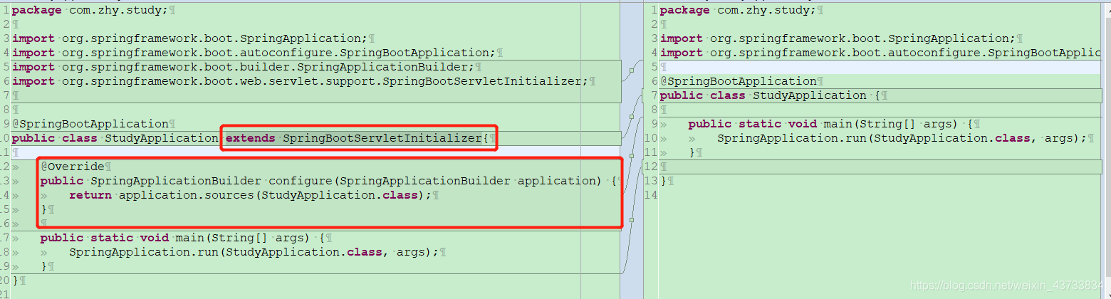 添加configure方法和extends SpringBootServletInitializer