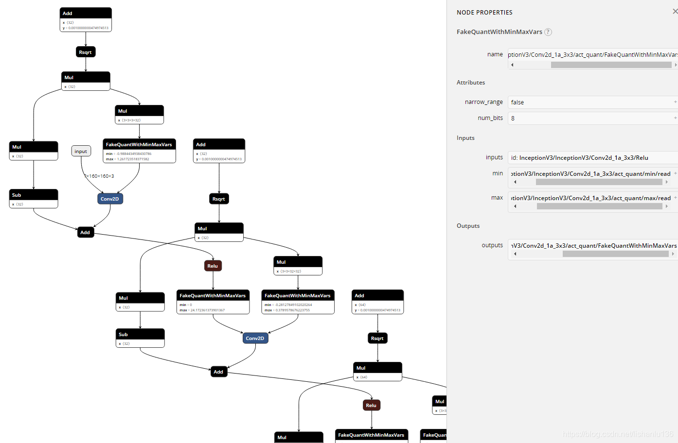 从图中可以看到有很多FakeQuantWithMinMaxVars节点，并还有相应的最大值，最小值，那都是模型在训练时，自动统计的。