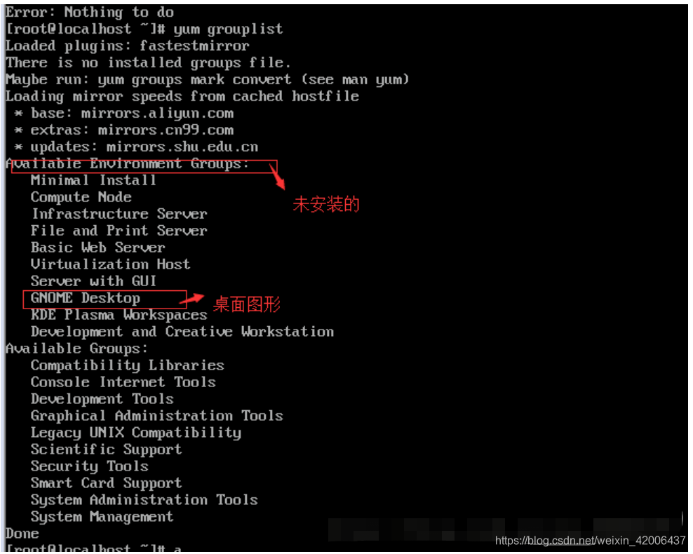 使用命令：yum grouplist