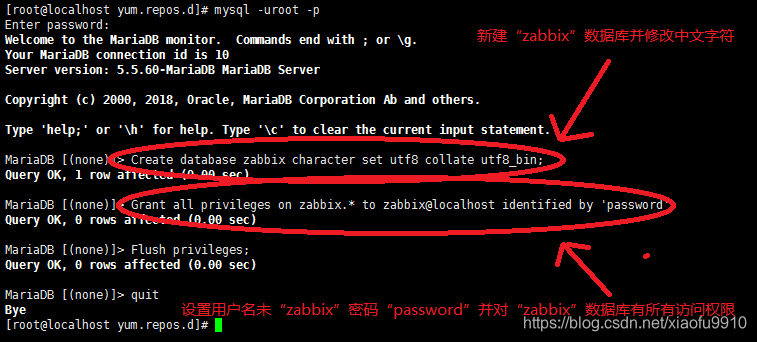 新建“zabbix”数据库并修改字符集；配置zabbix用户对zabbix数据库有所有访问权限；（实际环境不推荐）