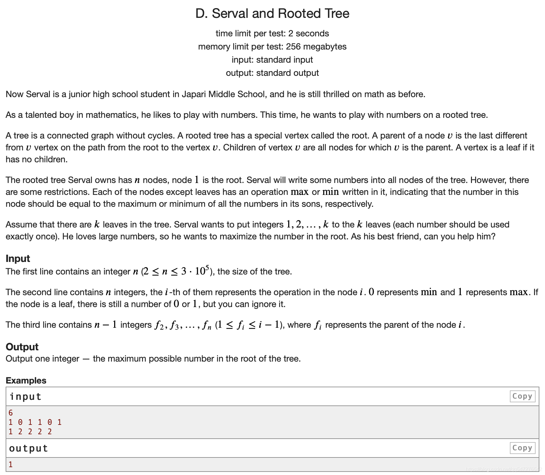 Codeforces Round #551 (Div. 2) D. Serval and Rooted Tree (树形dp)