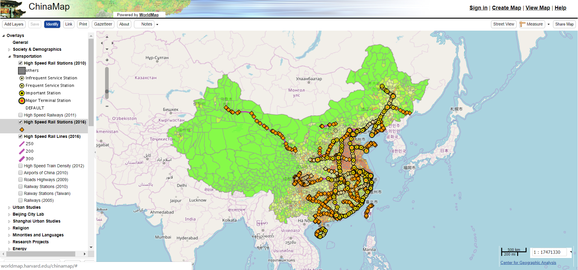 哈佛大学的在线中国地图,包含交通网络(含高铁,高速,机场等),宗教信仰