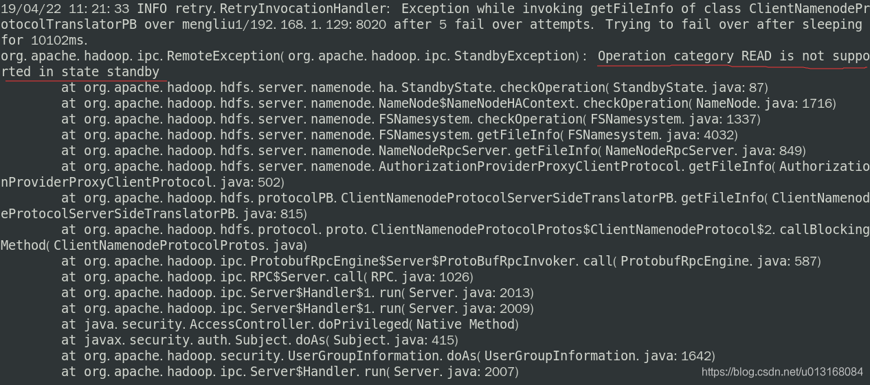 执行hadoop中bin操作时报错:Operation category READ is not supported in state