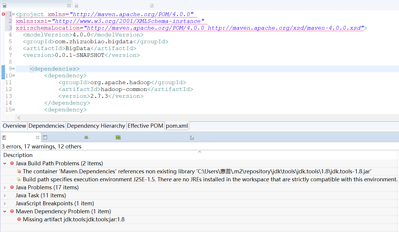 Eclipse创建Maven工程，pom.xml文件出现Missing artifact jdk.toolsjdk.toolsjar1.