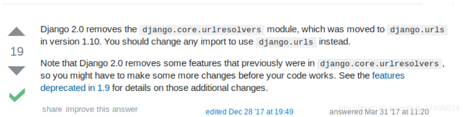 django2.x报错No module named 'django.core.urlresolvers'