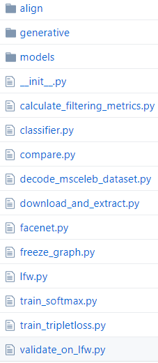 与我们直接相关的是compare.py，train_softmax.py，train_tripletloss.py以及align目录内容和facenet.py