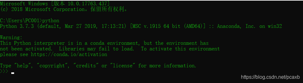 在命令行输入python出现 Warning This Python Interpreter Is In A Conda Environment But The Environment Has No Pcaxb的专栏 Csdn博客