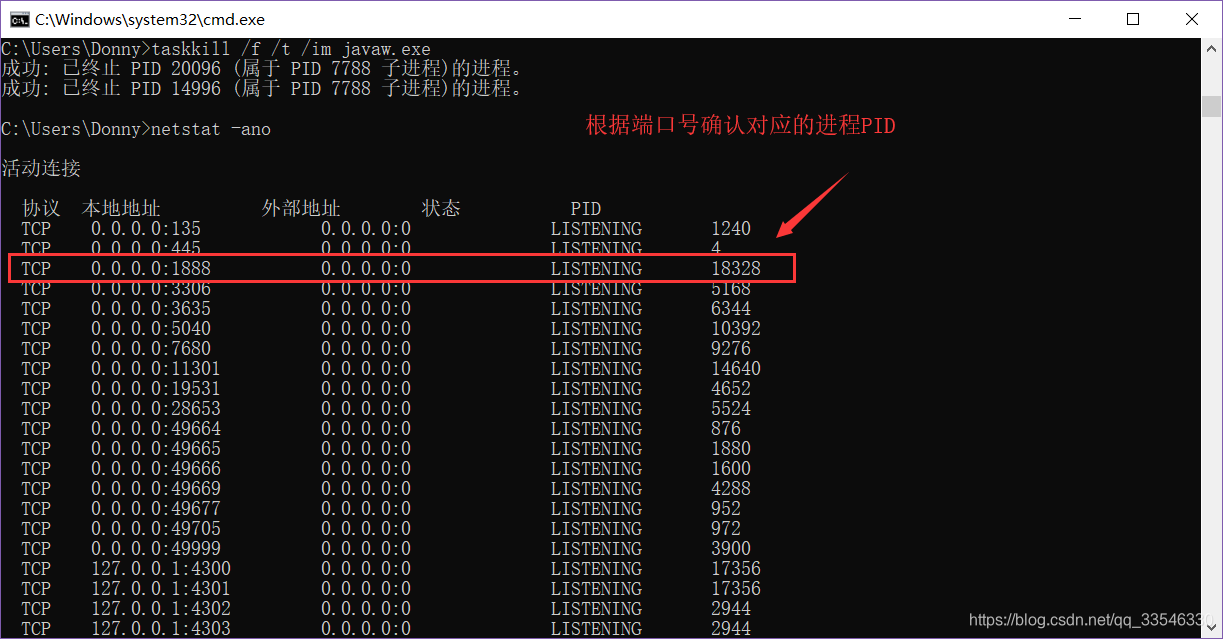 根据端口号确认进程PID