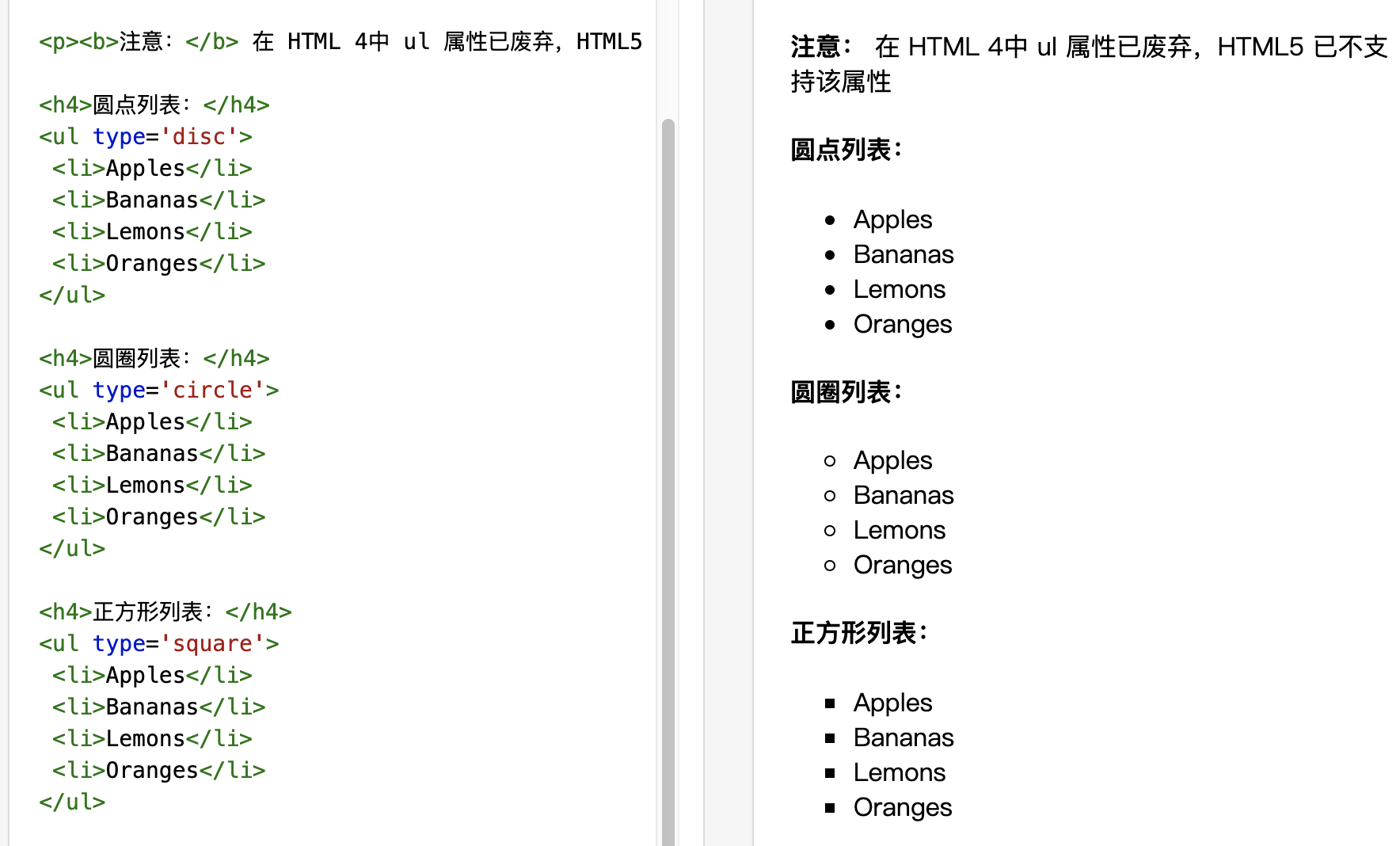 默认值)circle(空心圆圈)square(实心方块)none(无样式)ol 有序列表