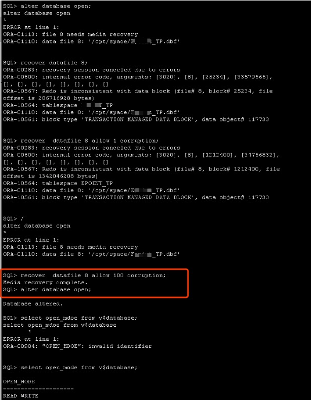 ORA00600[3020] ORA10567 error handling after Oracle data file