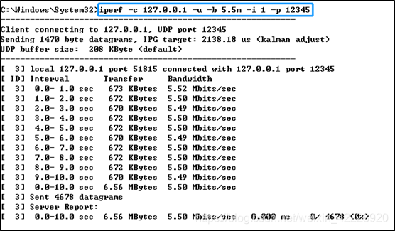 发送端的iPerf命令和测试结果