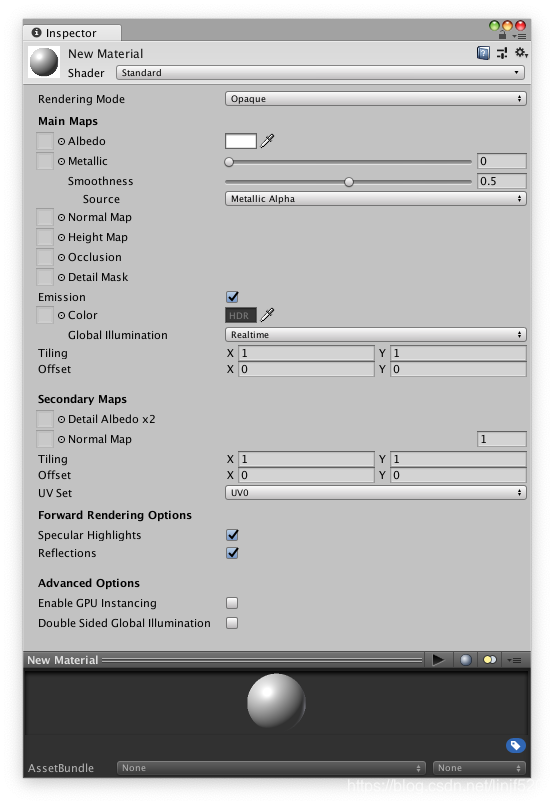 A Standard Shader material with default parameters and no values or textures assigned