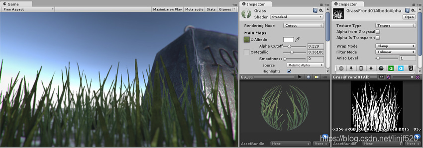 The grass in this image is rendered using the Cutout mode. This gives clear sharp edges to objects which is defined by specifying a cut-off threshold. All parts of the image with the alpha value above this threshold are 100% opaque, and all parts below the threshold are invisible. To the right in the image you can see the material settings and the alpha channel of the texture used.
