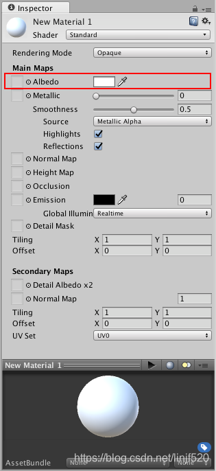 A Standard Shader material with default parameters and no values or textures assigned. The Albedo Color parameter is highlighted.