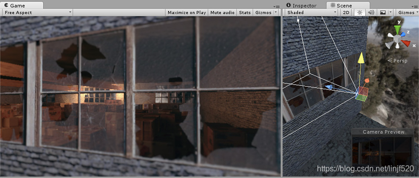 The end result, peering through a broken window into a building. The gaps in the glass are totally transparent, while the glass shards are partially transparent and the frame is fully opaque.